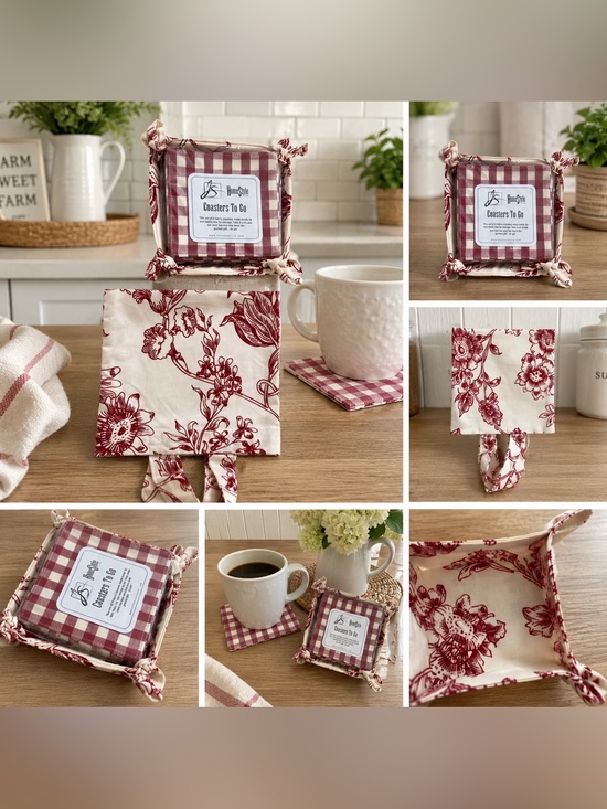 JS HomeStyle Other - JS HomeStyle Coasters To Go Set Fabric  Coasters Holder Red Floral Gingham NEW